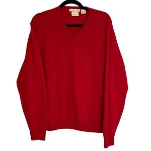 Parisian Signature Red 100% Cashmere V-Neck Sweater Mens Large Fine 2-Ply Knit